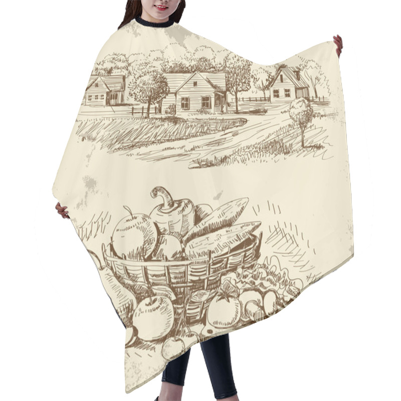 Personality  Village Houses Sketch With Food Hair Cutting Cape