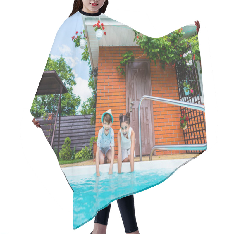 Personality  Little Siblings Sitting Near Swimming Pool On Summer Day Hair Cutting Cape