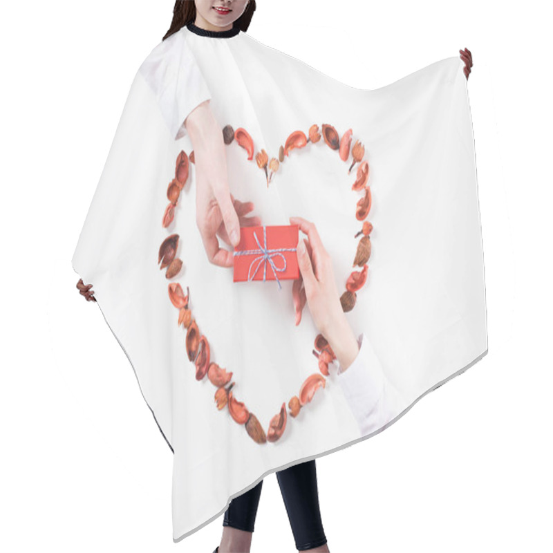 Personality  Cropped Image Of Boyfriend Presenting Girlfriend Gift On Valentines Day Isolated On White Hair Cutting Cape