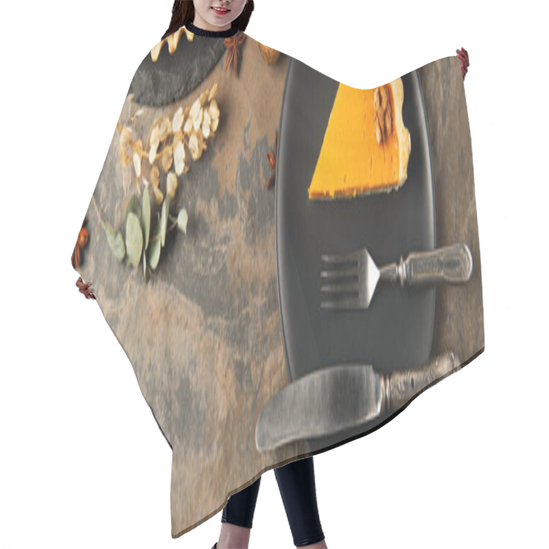 Personality  Thanksgiving, Black Plate With Cutlery And Pumpkin Pie Near Walnuts And Spices With Herbs, Banner Hair Cutting Cape