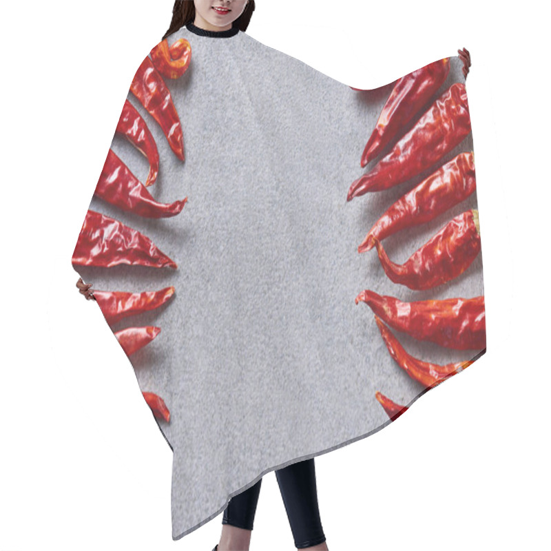 Personality  Top View Of Dried Red Chili Peppers Arranged On Grey Tabletop Hair Cutting Cape