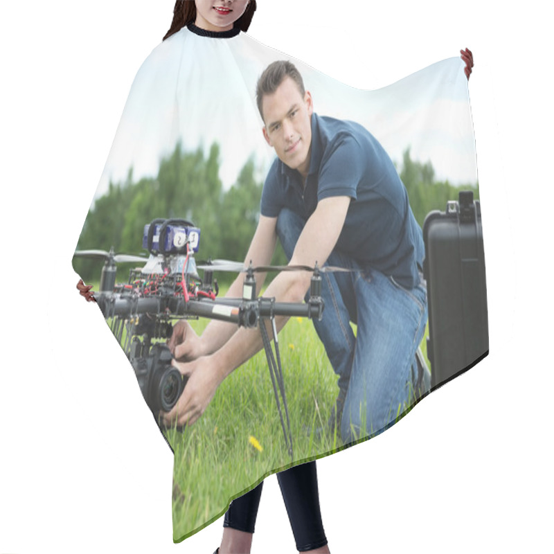 Personality  Engineer Setting Camera On Photography Drone Hair Cutting Cape