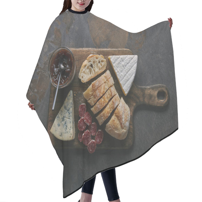 Personality  Top View Of Sliced Bread, Delicious Cheese, Salami And Jam On Wooden Cutting Board Hair Cutting Cape