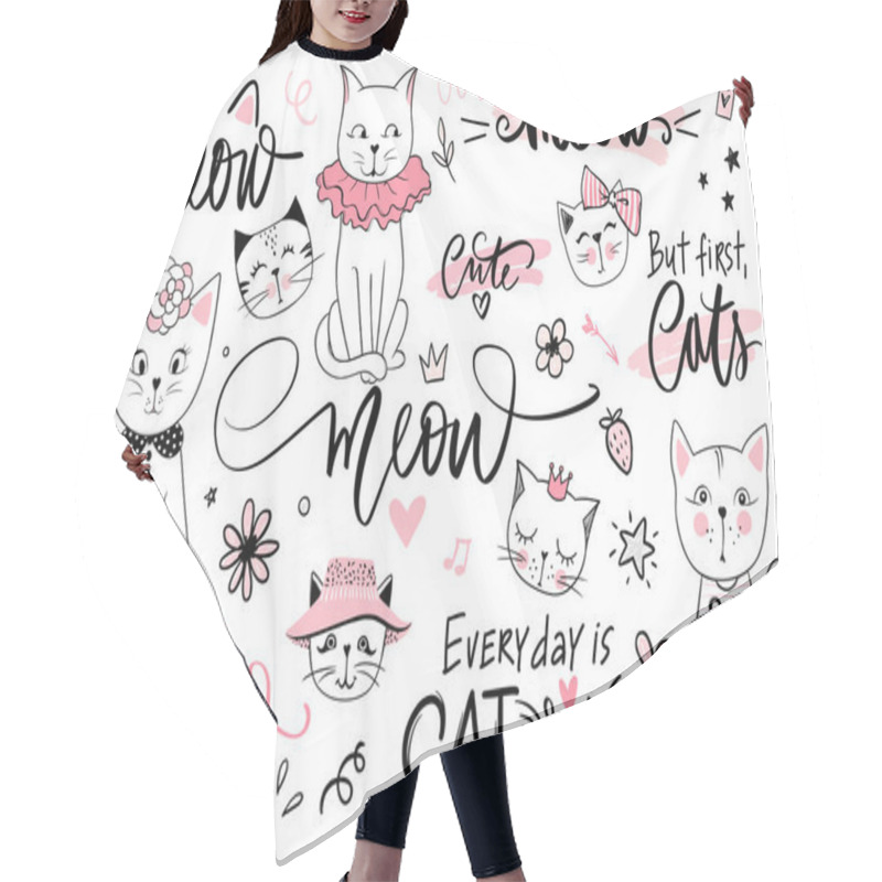 Personality  Doodle Cats Illustration And Kitten Quotes, Meow Lettering. Cute Vector Set With Funny Hipster Pets, Fashion Kitty Phrases Hair Cutting Cape