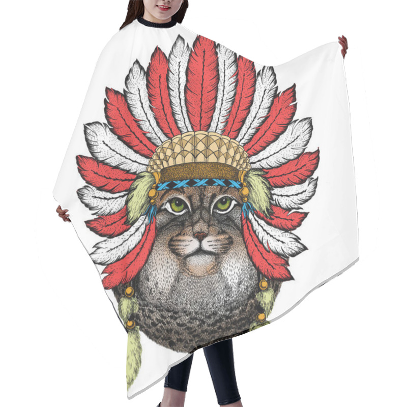 Personality  Pallas Cat Head. Manul Head. Wild Cat Portrait. Indian Headdress With Feathers. Boho Style. Hair Cutting Cape