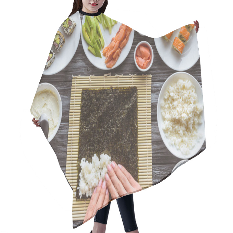 Personality  Partial Top View Of Person Preparing Sushi With Rice, Nori And Ingredients Hair Cutting Cape