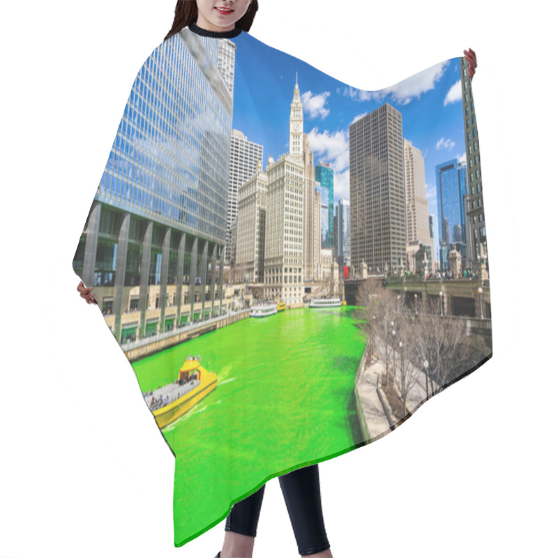 Personality  Chicago Skylines Building Along Green Dyeing River Of Chicago River On St. Patrick's Day Festival In Chicago Downtown IL USA Hair Cutting Cape