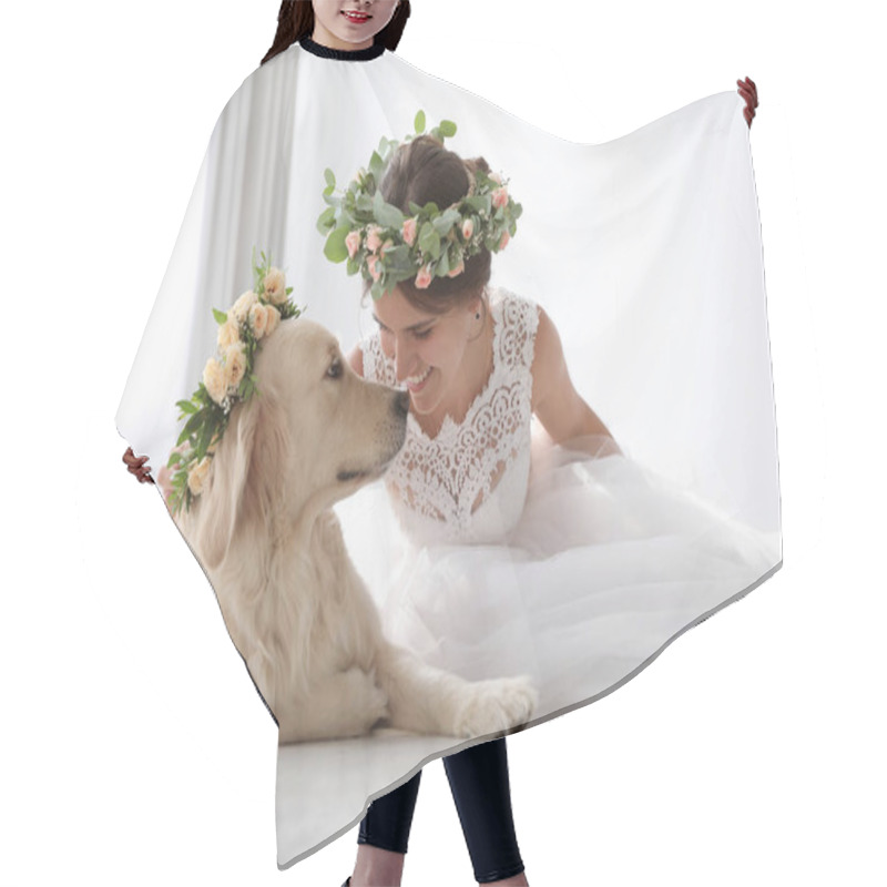 Personality  Bride And Adorable Golden Retriever Wearing Wreath Made Of Beautiful Flowers Indoors Hair Cutting Cape