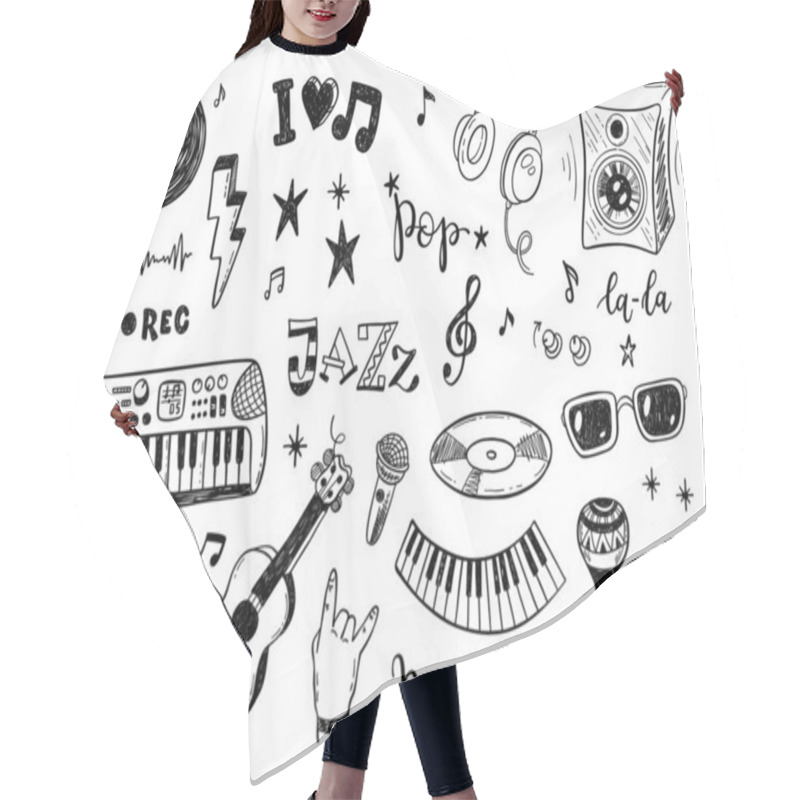 Personality  Hand Drawn Sketch Set Of Music Culture Doodles, Instruments, Notes, Signs And Symbols Hair Cutting Cape