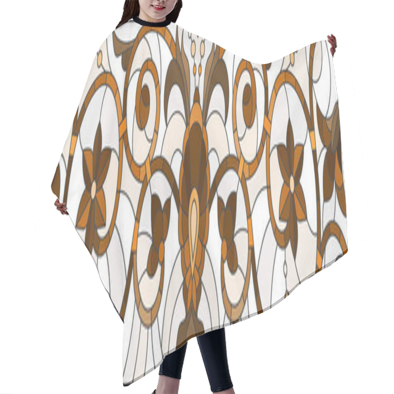 Personality  Illustration In Stained Glass Style With Abstract  Swirls ,flowers And Leaves  On A Light Background,horizontal Orientation, Sepia Hair Cutting Cape