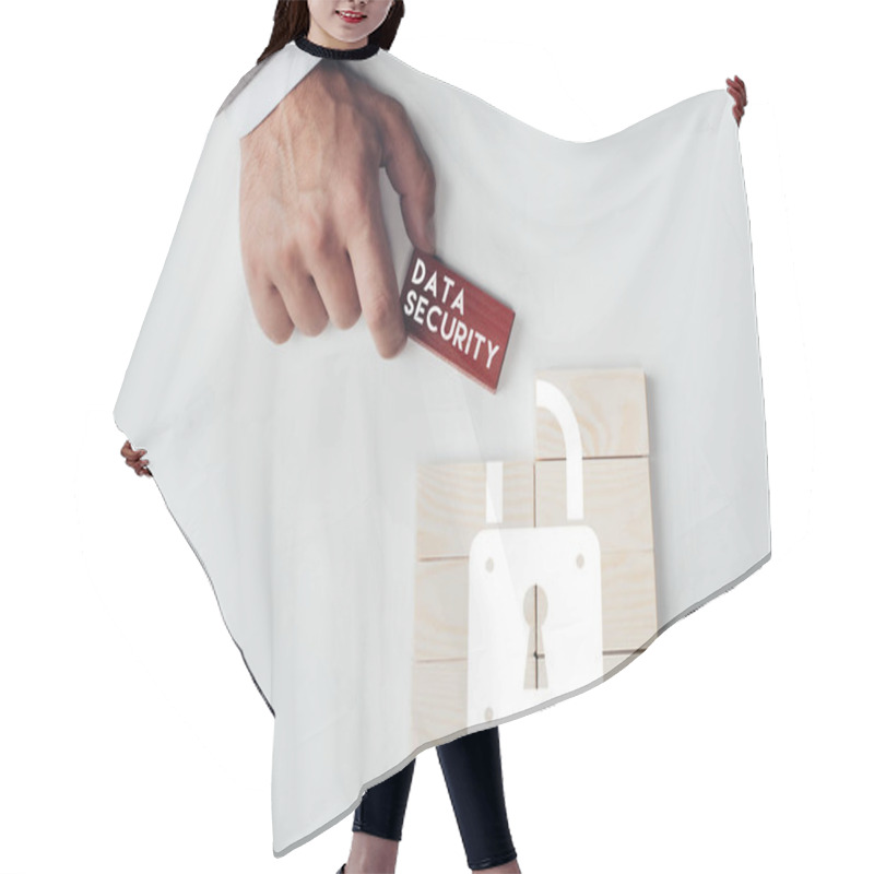 Personality  Partial View Of Man Holding Brick With 'data Security' Lettering Over Wooden Blocks With Lock Icon Isolated On White Hair Cutting Cape