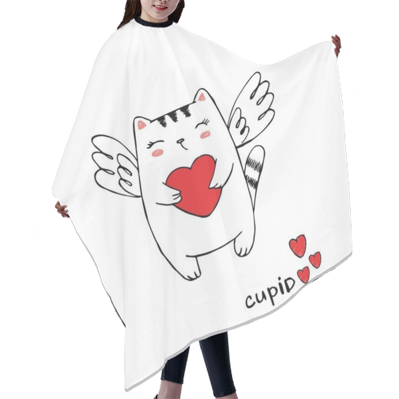 Personality  Funny Little Cat Cupid With Heart. Illustration Of A Valentine's Day. Cat Angel With Wings. Vector Illustration In A Cartoon Style. Isolated On White Background Hair Cutting Cape