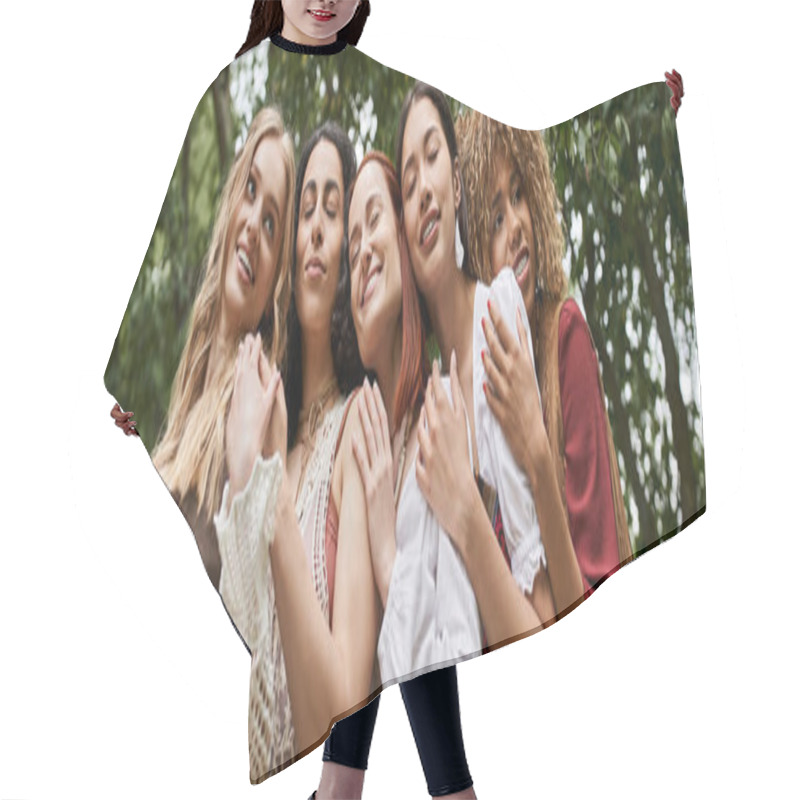 Personality  Low Angle View Of Positive Interracial Women In Boho Outfits Hugging In Retreat Center, Banner Hair Cutting Cape