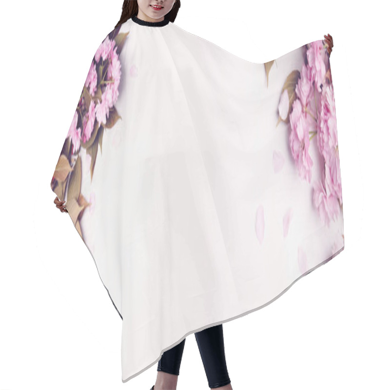 Personality  Sakura Tree Branches With Blossoms On White Wooden Background, Banner Design. Springtime Hair Cutting Cape