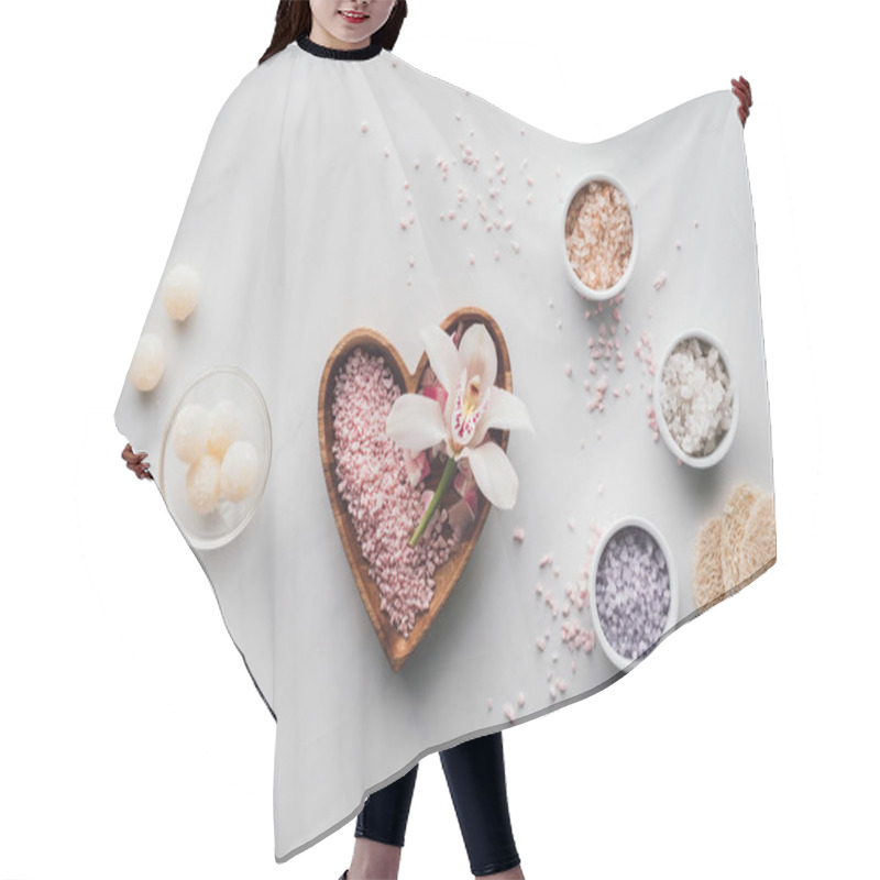 Personality  Top View Of Sea Salt, Sponges And Natural Soap On White, Spa Concept Hair Cutting Cape