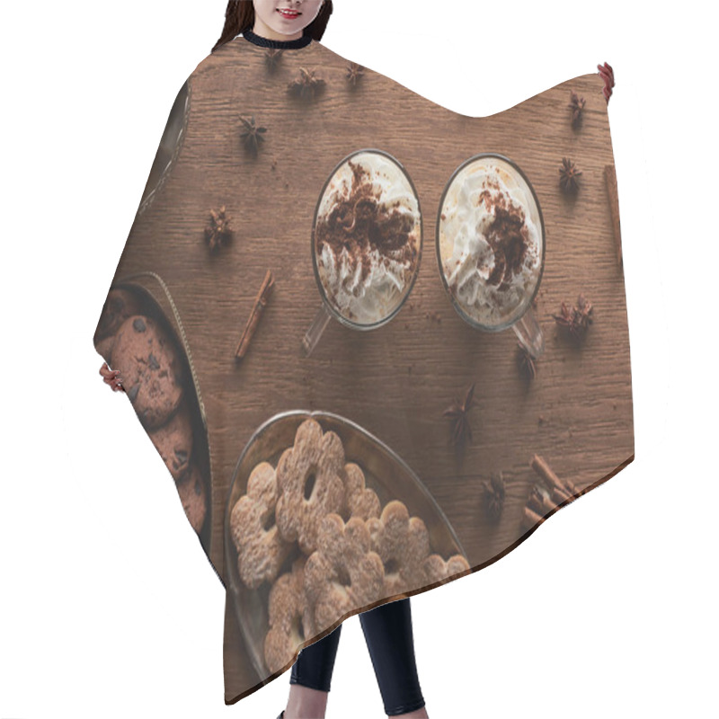 Personality  Top View Of Christmas Cacao Near Cookies, Anise, Cinnamon And Brown Sugar On Wooden Table Hair Cutting Cape