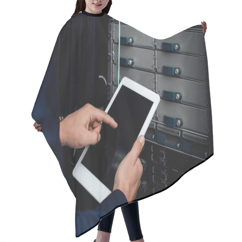 Personality  Cropped View Of Man Pointing With Finger At Digital Tablet With Blank Screen  Hair Cutting Cape