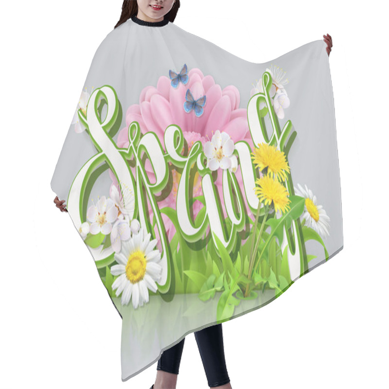 Personality  Spring Lettering. Grass And Flowers. 3d Vector Icon Hair Cutting Cape