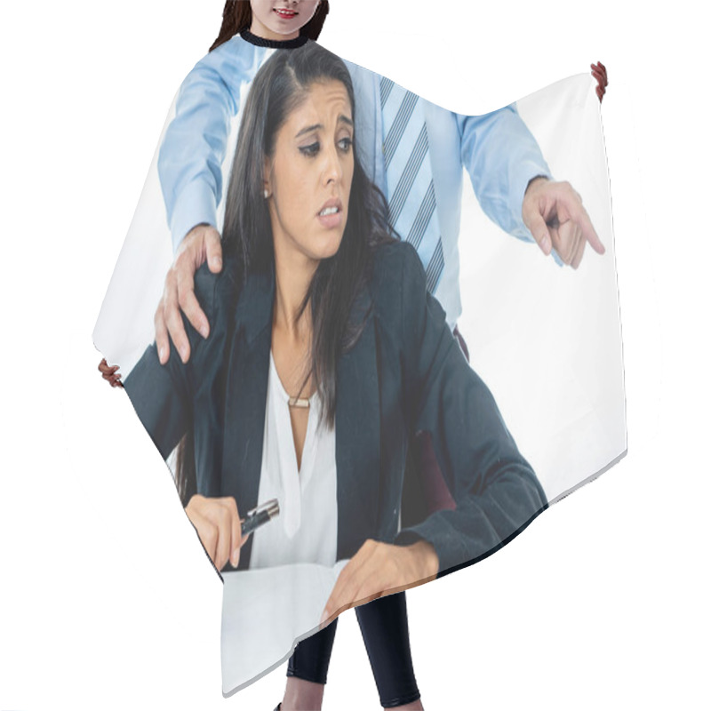 Personality  Uncomfortable Scared Woman Being Harass By Her Boss At Office In Sexual Harassment At Work Place, Women Rights, Sexual Abuse Concept Isolated In White Background. Hair Cutting Cape