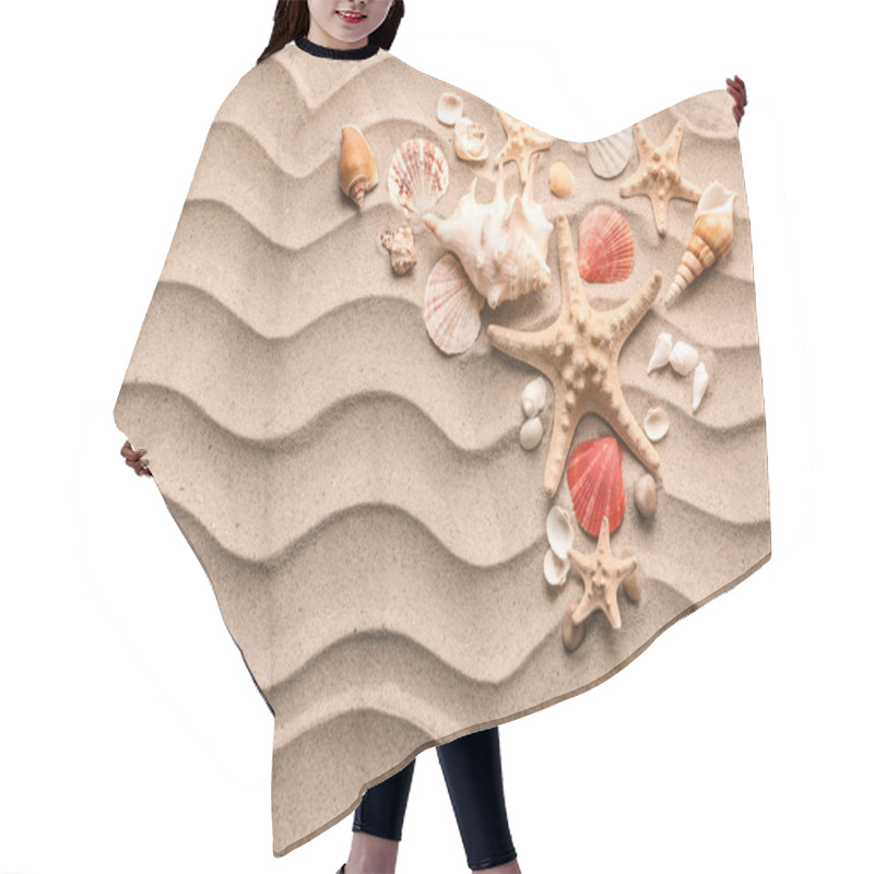 Personality  Composition With Different Sea Shells And Starfishes On Sand Hair Cutting Cape