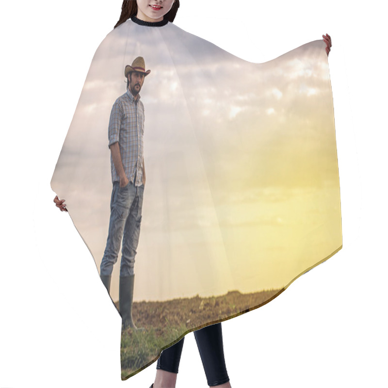 Personality  Male Farmer Standing On Fertile Agricultural Farm Land Soil Hair Cutting Cape