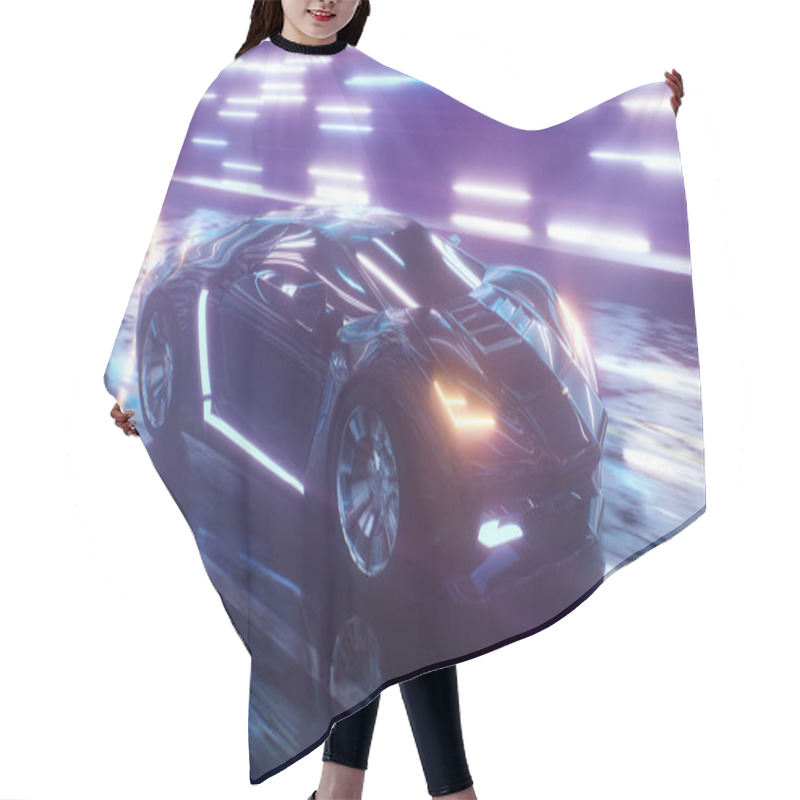 Personality  Futuristic Sports Car High Speed Drive With Neon Background. Hair Cutting Cape