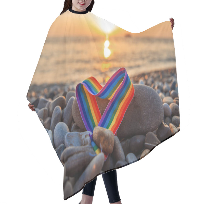 Personality  Rainbow Ribbon In The Shape Of A Heart - A Symbol Of LGBT On Stones By The Sea At Sunset Hair Cutting Cape