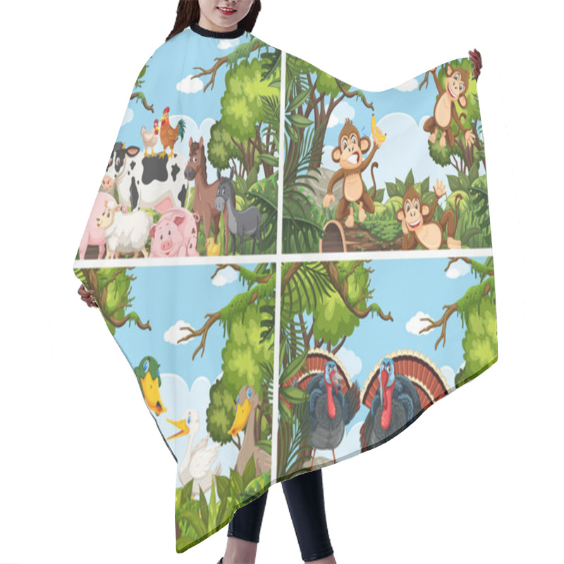 Personality  Set Of Various Animals In Nature Scenes Hair Cutting Cape