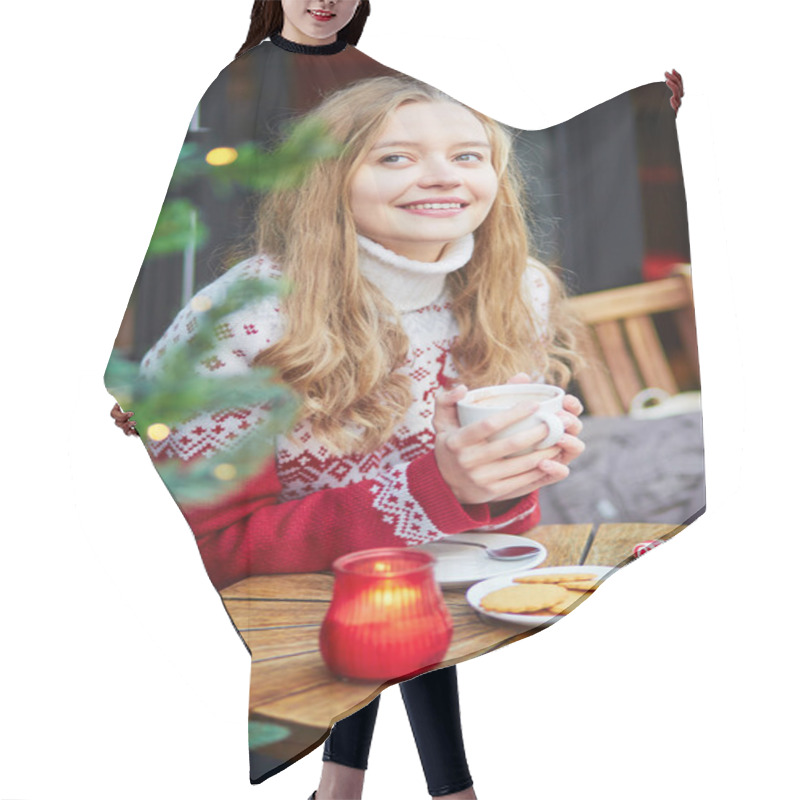 Personality  Beautiful Young Girl In An Outdoor Parisian Cafe Hair Cutting Cape