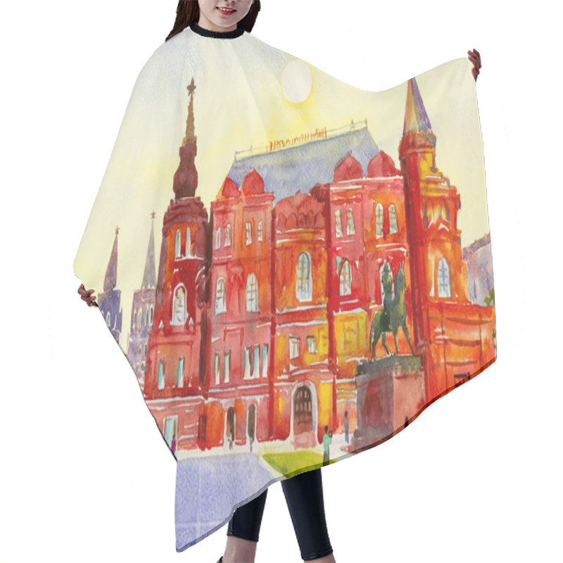 Personality  State Historical Museum On Red Square In Moscow, Russia. The Main Tourist Attraction In Moscow. Painting City Landscape Watercolor Illustration, Sunrise Beautiful Season Summer And Family Tour. Hair Cutting Cape