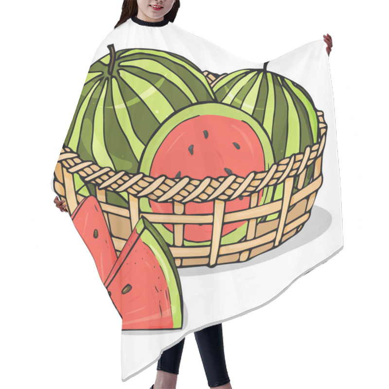 Personality  Colorful Vector Illustration In Sketch Style. Watermelons Whole And Sliced In A Basket On A White Background. Hair Cutting Cape