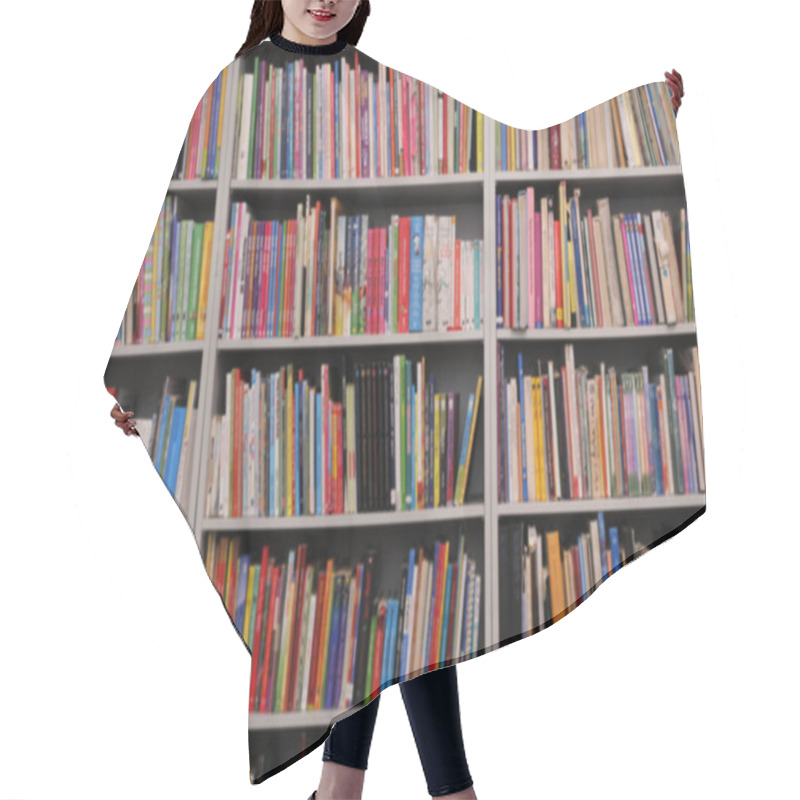 Personality  Books On Shelves, Photo Library Out Of Focus ... Hair Cutting Cape