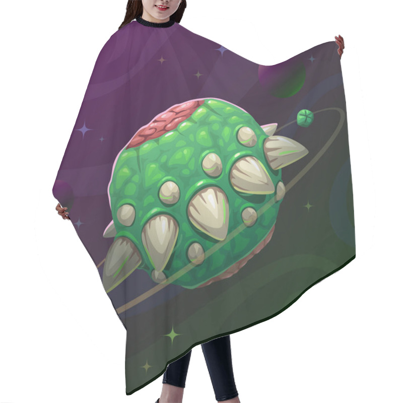 Personality  Cartoon Creepy Monster Planet With Spikes And Jaws On The Dark Space Background. Hair Cutting Cape