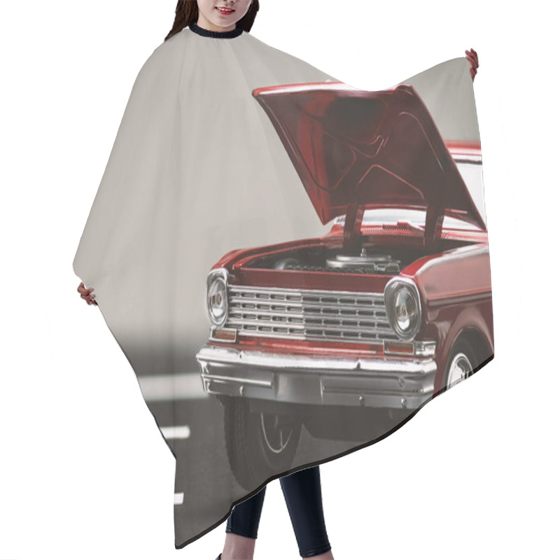 Personality  Front View Of A Red Classic Automobile With Open Hood. Hair Cutting Cape