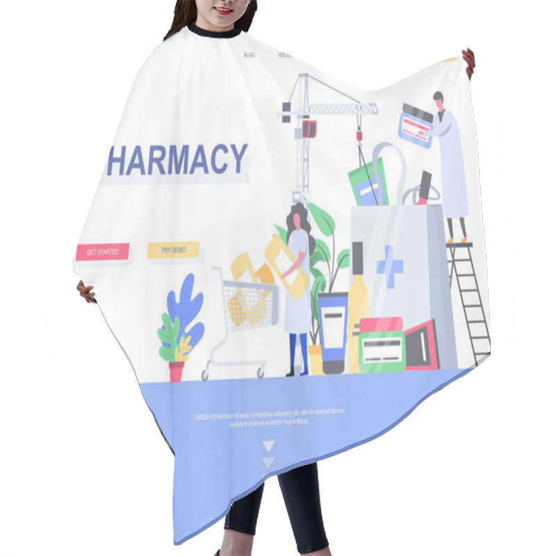 Personality  Pharmacy Flat Landing Page Template. Online Drugstore Shopping, Pharmacist Collect Order Situation. Web Page With People Characters. Pharmaceutical Distribution, Medicine Store Vector Illustration. Hair Cutting Cape