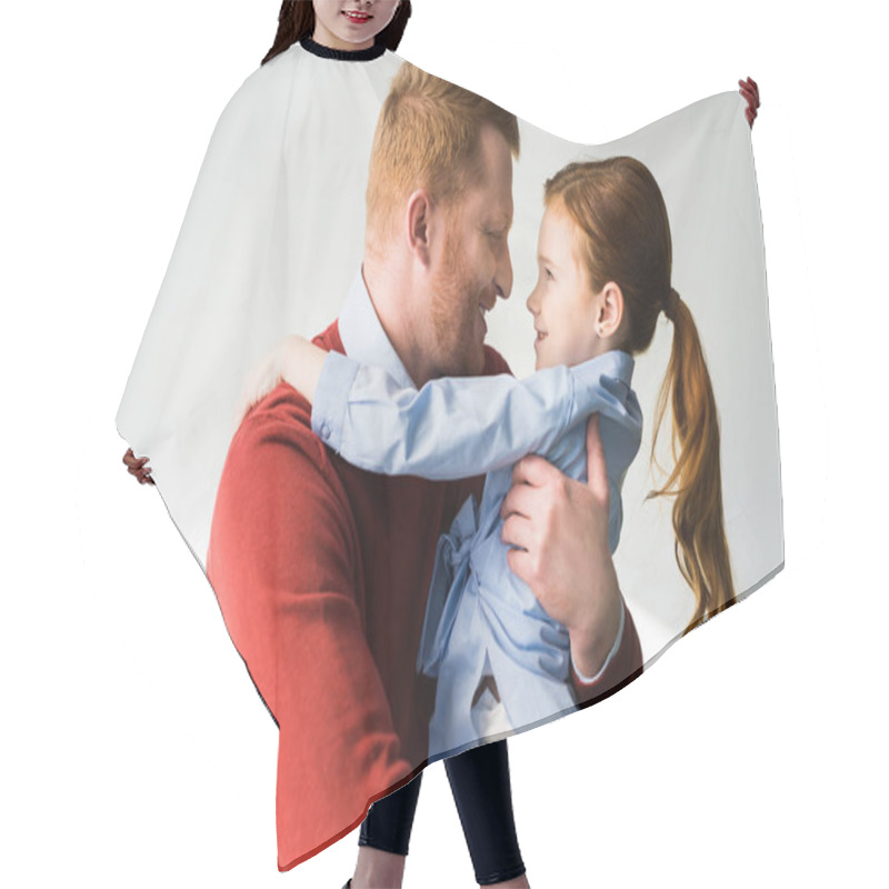 Personality  Happy Redhead Father And Daughter Hugging And Smiling Each Other On Grey Hair Cutting Cape