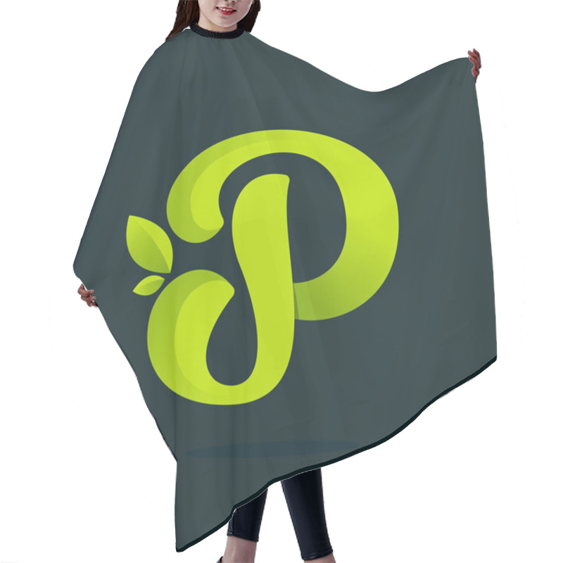 Personality  P Letter Logo With Green Leaves. Hair Cutting Cape