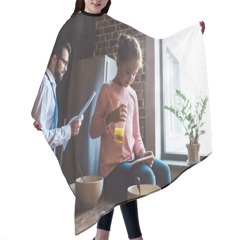 Personality  Father And Daughter On Kitchen At Morning Hair Cutting Cape