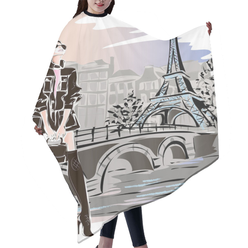 Personality  Fashion Woman In Paris Near Eiffel Tower Hair Cutting Cape