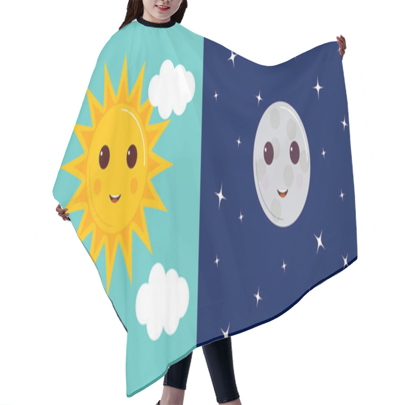 Personality  Day And Night Illustrations With Funny Smiling Cartoon Characters Of Sun And Moon Hair Cutting Cape