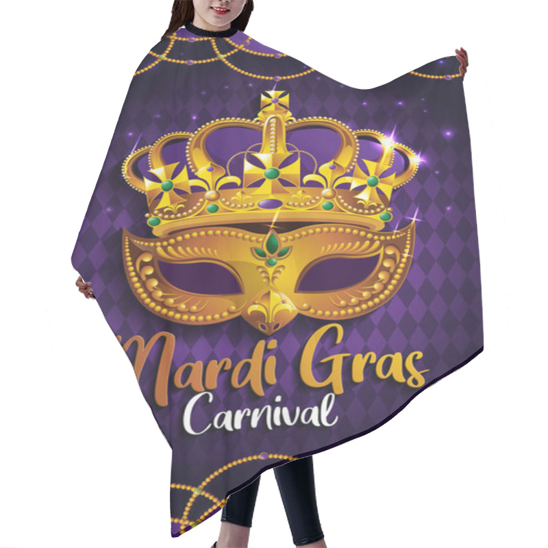 Personality  Mardi Gras, Carnival Party, Golden Mask With Crown,  Gretting Card Banner, Poster,  Template, Flyer & Brochure On Background Sparkling Stars, Vector Illustration. Hair Cutting Cape