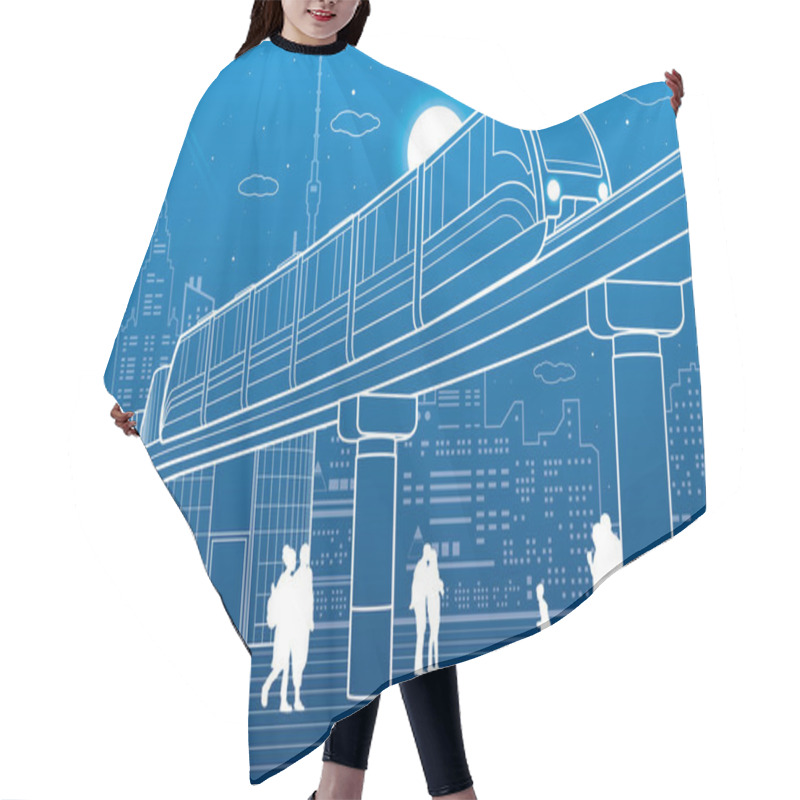 Personality  Monorail Railway. Train Move Over The Flyover. Modern Night City At Back. Futuristic Urban And Transport Illustration. Airplane Fly. White Lines On Blue Background, Vector Design Art Hair Cutting Cape