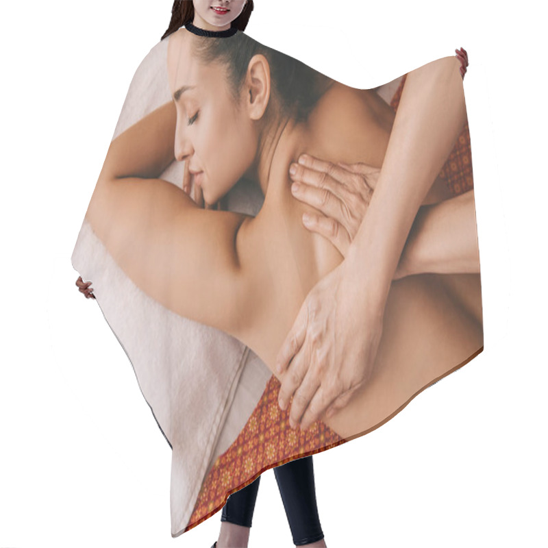 Personality  Cropped View Of Masseur Doing Back Massage To Woman On Massage Mat Hair Cutting Cape