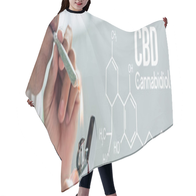 Personality  Cropped View Of Man Lighting Up Blunt With Medical Cannabis, Panoramic Shot With Cbd Molecule Illustration Hair Cutting Cape