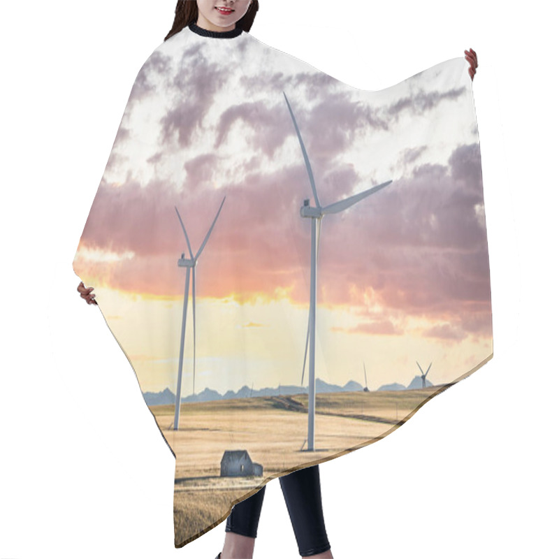 Personality  Sunset Windmills Producing Green Energy Overlooking Harvested Agriculture Fields And Distant Mountains With A Rustic Barn On The Canadian Prairies. Hair Cutting Cape