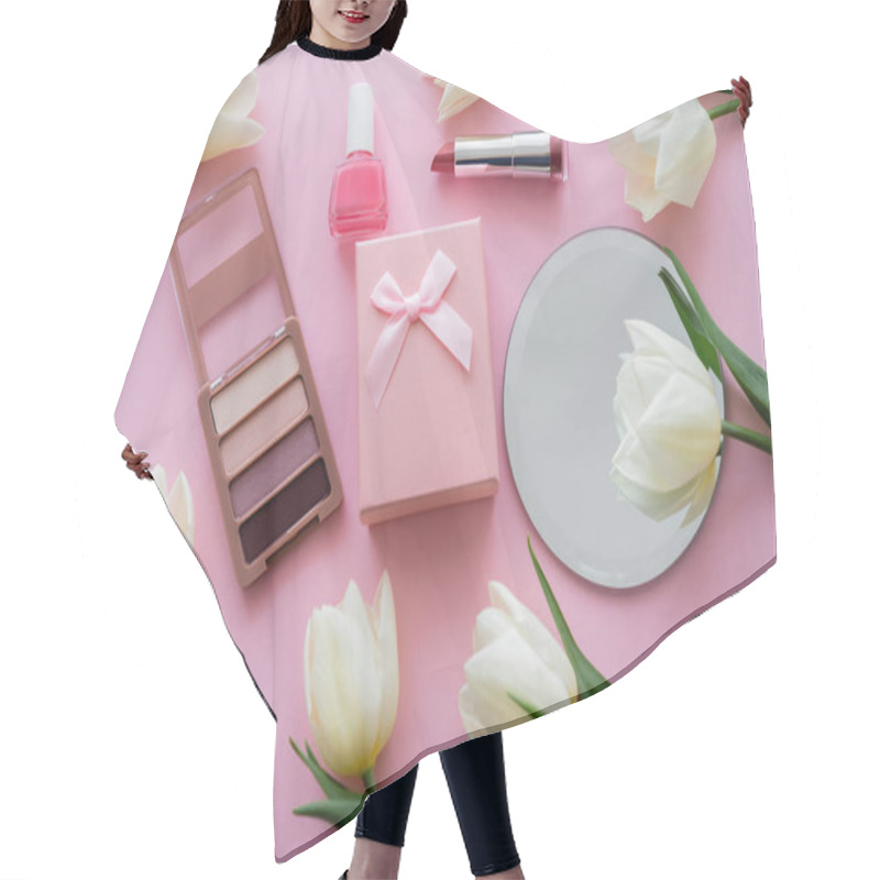 Personality  Top View Of White Flowers, Gift Box And Decorative Cosmetics On Pink Hair Cutting Cape