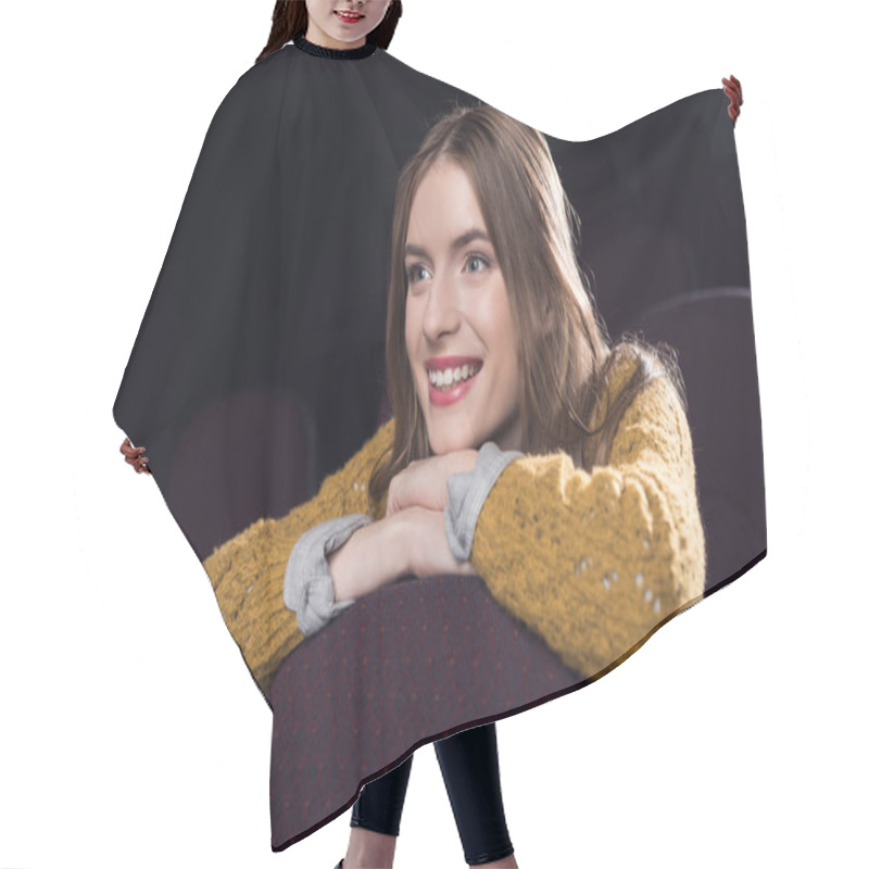 Personality  Young Cheerful Girl Watching Film In Movie Theater Hair Cutting Cape