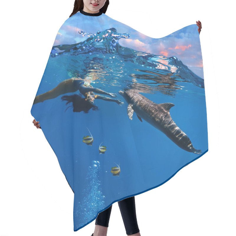 Personality  Mermaid And Dolphin Playing In The Sea Underwater Close With Water Surface Hair Cutting Cape