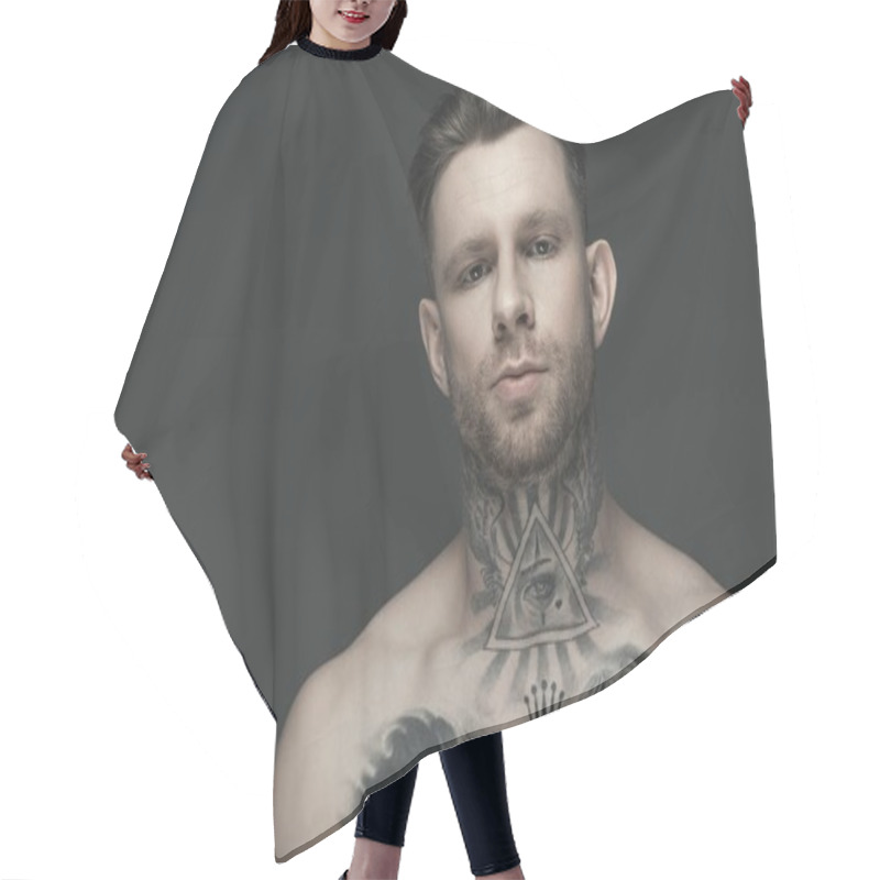 Personality  Handsome Shirtless Tattooed Man, Isolated On Grey Hair Cutting Cape