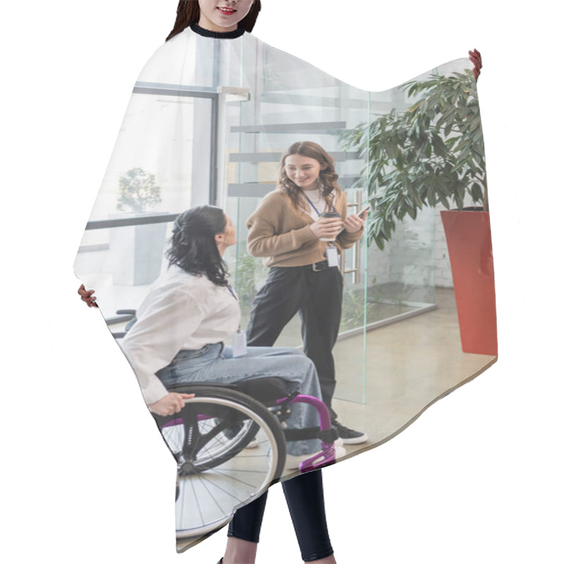 Personality  Inclusion Concept, Happy Woman Looking At Disabled Colleague In Wheelchair Near Glass Door Hair Cutting Cape